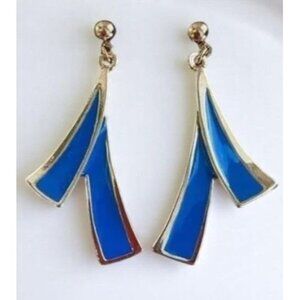 Vintage Avon Brushstroke Pierced Earrings Blue Dangle Bright 1992 Gold‎ Tone